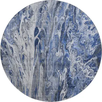 8' Blue Gray And Ivory Abstract Washable Round Rug With UV Protection