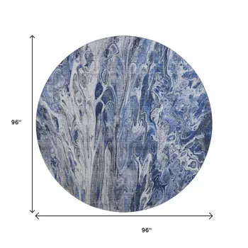 8' Blue Gray And Ivory Abstract Washable Round Rug With UV Protection
