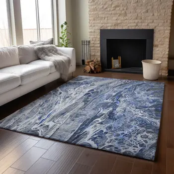 8' X 10' Blue Gray And Ivory Abstract Washable Area Rug With UV Protection