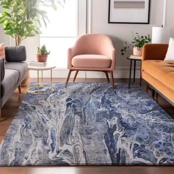 10' X 14' Blue Gray And Ivory Abstract Washable Area Rug With UV Protection