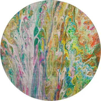 8' Green Gold And Teal Abstract Washable Round Rug With UV Protection