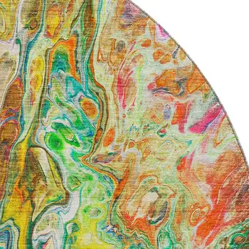 8' Green Gold And Teal Abstract Washable Round Rug With UV Protection