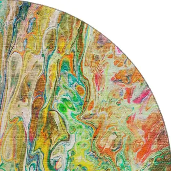 8' Green Gold And Teal Abstract Washable Round Rug With UV Protection