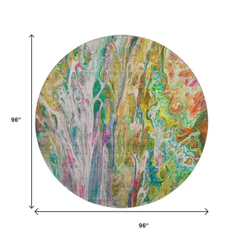 8' Green Gold And Teal Abstract Washable Round Rug With UV Protection