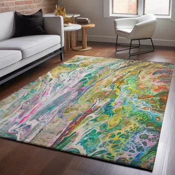 8' X 10' Green Gold And Teal Abstract Washable Area Rug With UV Protection