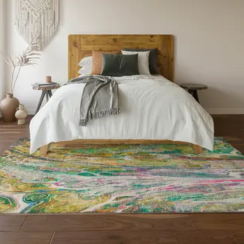 8' X 10' Green Gold And Teal Abstract Washable Area Rug With UV Protection