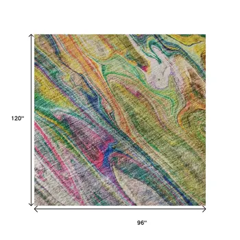 8' X 10' Green Gold And Teal Abstract Washable Area Rug With UV Protection