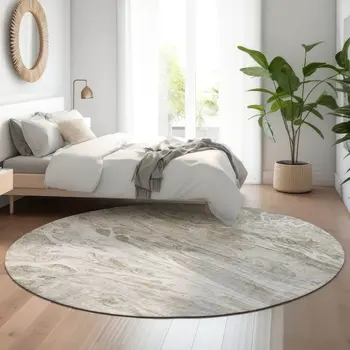 8' Taupe Gray And Ivory Abstract Washable Round Rug With UV Protection