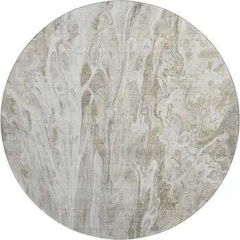8' Taupe Gray And Ivory Abstract Washable Round Rug With UV Protection