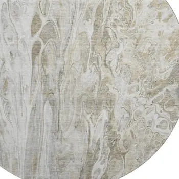 8' Taupe Gray And Ivory Abstract Washable Round Rug With UV Protection