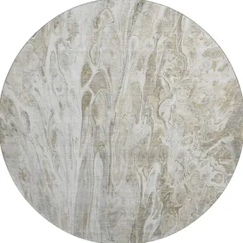 8' Taupe Gray And Ivory Abstract Washable Round Rug With UV Protection