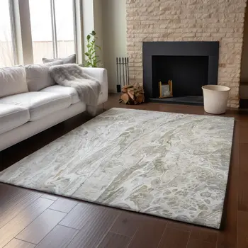 9' X 12' Taupe Gray And Ivory Abstract Washable Area Rug With UV Protection
