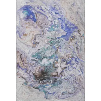 3' X 5' Beige Blue And Ivory Abstract Washable Area Rug With UV Protection