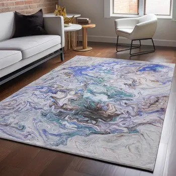 5' X 8' Beige Blue And Ivory Abstract Washable Area Rug With UV Protection
