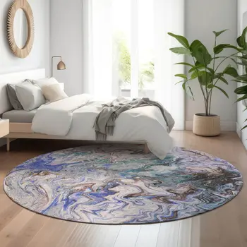 8' Beige Blue And Ivory Abstract Washable Round Rug With UV Protection