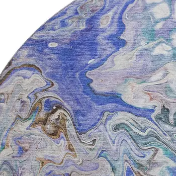 8' Beige Blue And Ivory Abstract Washable Round Rug With UV Protection