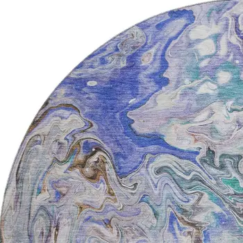 8' Beige Blue And Ivory Abstract Washable Round Rug With UV Protection