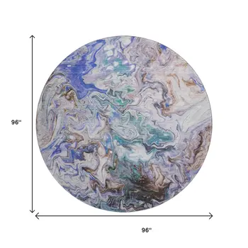 8' Beige Blue And Ivory Abstract Washable Round Rug With UV Protection