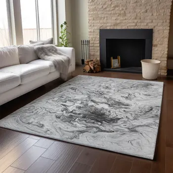 5' X 8' Gray And Ivory Abstract Washable Area Rug With UV Protection