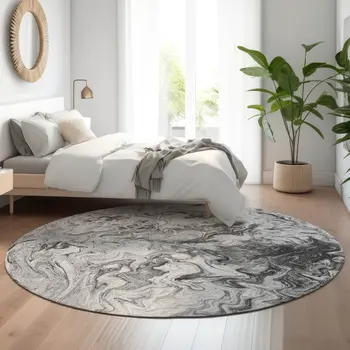 8' Gray And Ivory Abstract Washable Round Rug With UV Protection