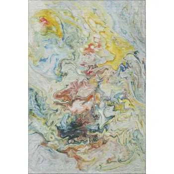 5' X 8' Ivory Yellow And Blue Abstract Washable Area Rug With UV Protection