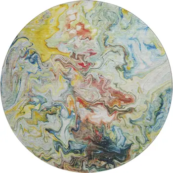 8' Ivory Yellow And Blue Abstract Washable Round Rug With UV Protection