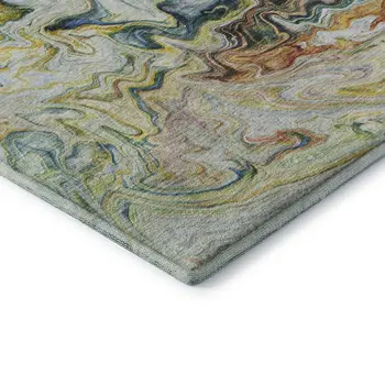 8' Ivory Yellow And Blue Abstract Washable Round Rug With UV Protection