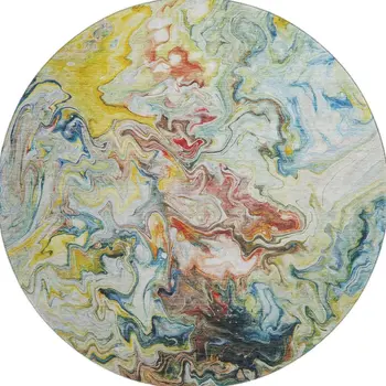 8' Ivory Yellow And Blue Abstract Washable Round Rug With UV Protection