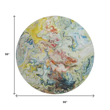 8' Ivory Yellow And Blue Abstract Washable Round Rug With UV Protection