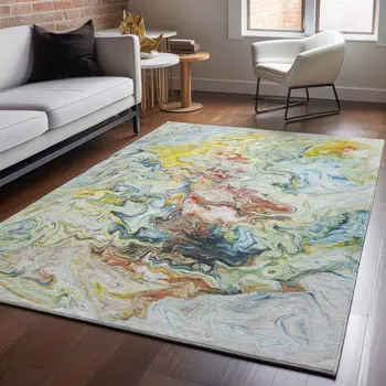 8' X 10' Ivory Yellow And Blue Abstract Washable Area Rug With UV Protection
