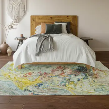 8' X 10' Ivory Yellow And Blue Abstract Washable Area Rug With UV Protection