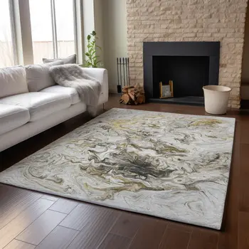 3' X 5' Taupe Gray And Ivory Abstract Washable Area Rug With UV Protection