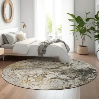 8' Taupe Gray And Ivory Abstract Washable Round Rug With UV Protection
