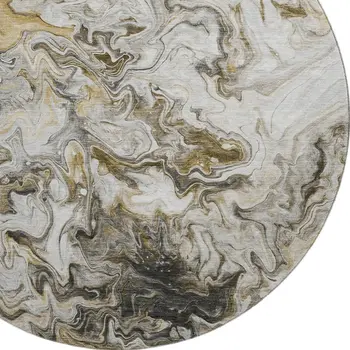 8' Taupe Gray And Ivory Abstract Washable Round Rug With UV Protection
