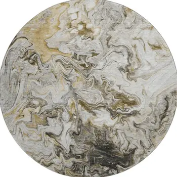 8' Taupe Gray And Ivory Abstract Washable Round Rug With UV Protection