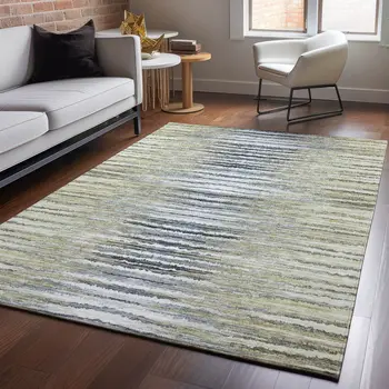 3' X 5' Beige Blue And Ivory Striped Washable Area Rug With UV Protection