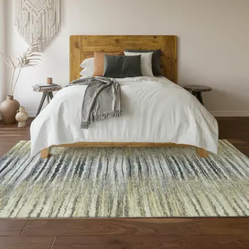 3' X 5' Beige Blue And Ivory Striped Washable Area Rug With UV Protection