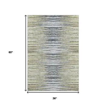3' X 5' Beige Blue And Ivory Striped Washable Area Rug With UV Protection