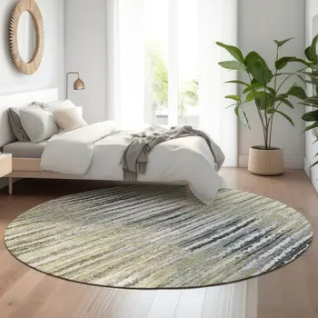 8' Beige Blue And Ivory Striped Washable Round Rug With UV Protection