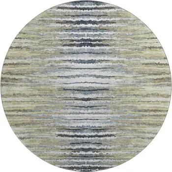 8' Beige Blue And Ivory Striped Washable Round Rug With UV Protection