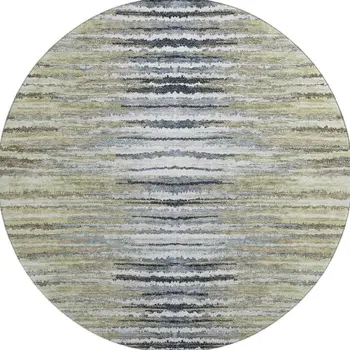 8' Beige Blue And Ivory Striped Washable Round Rug With UV Protection