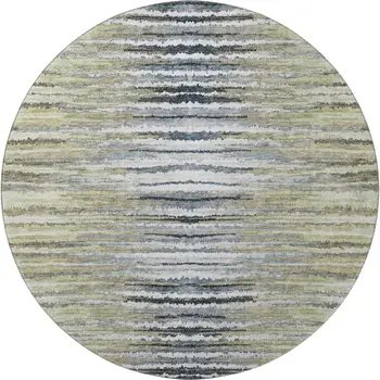 8' Beige Blue And Ivory Striped Washable Round Rug With UV Protection