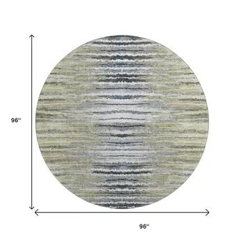 8' Beige Blue And Ivory Striped Washable Round Rug With UV Protection