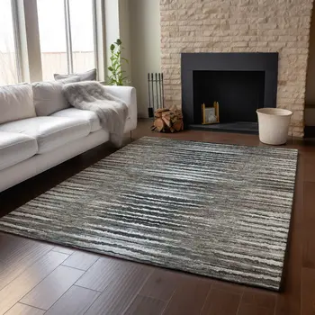 5' X 8' Brown Gray And Ivory Striped Washable Area Rug With UV Protection