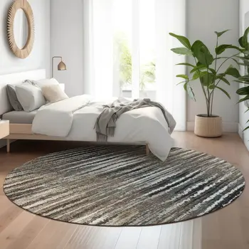 8' Brown Gray And Ivory Striped Washable Round Rug With UV Protection