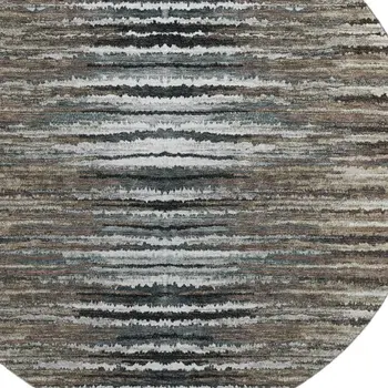 8' Brown Gray And Ivory Striped Washable Round Rug With UV Protection