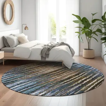 8' Blue Brown And Gray Striped Washable Round Rug With UV Protection