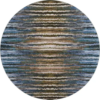 8' Blue Brown And Gray Striped Washable Round Rug With UV Protection