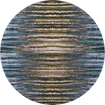 8' Blue Brown And Gray Striped Washable Round Rug With UV Protection