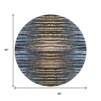 8' Blue Brown And Gray Striped Washable Round Rug With UV Protection